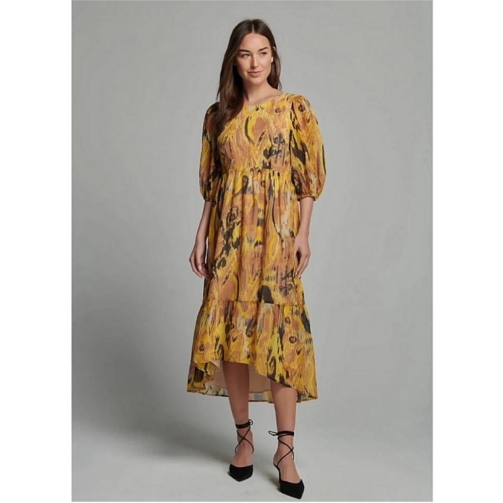 NWT SUNDAYS BEA YELLOW CHIFFON IKAT MIDI DRESS S ANTHROPOLOGIE